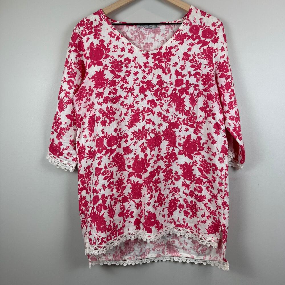 Elena Baldi Top Women's Medium Pink White Floral 100% Linen Crochet Lace Blouse